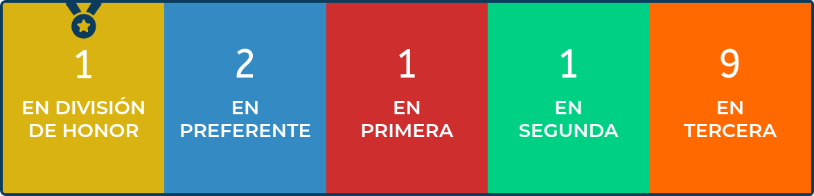 Equipos del club distribuidos por categorías: 1 en División de Honor, 2 en Preferente, 1 en Primera, 1 en Segunda y 9 en Tercera